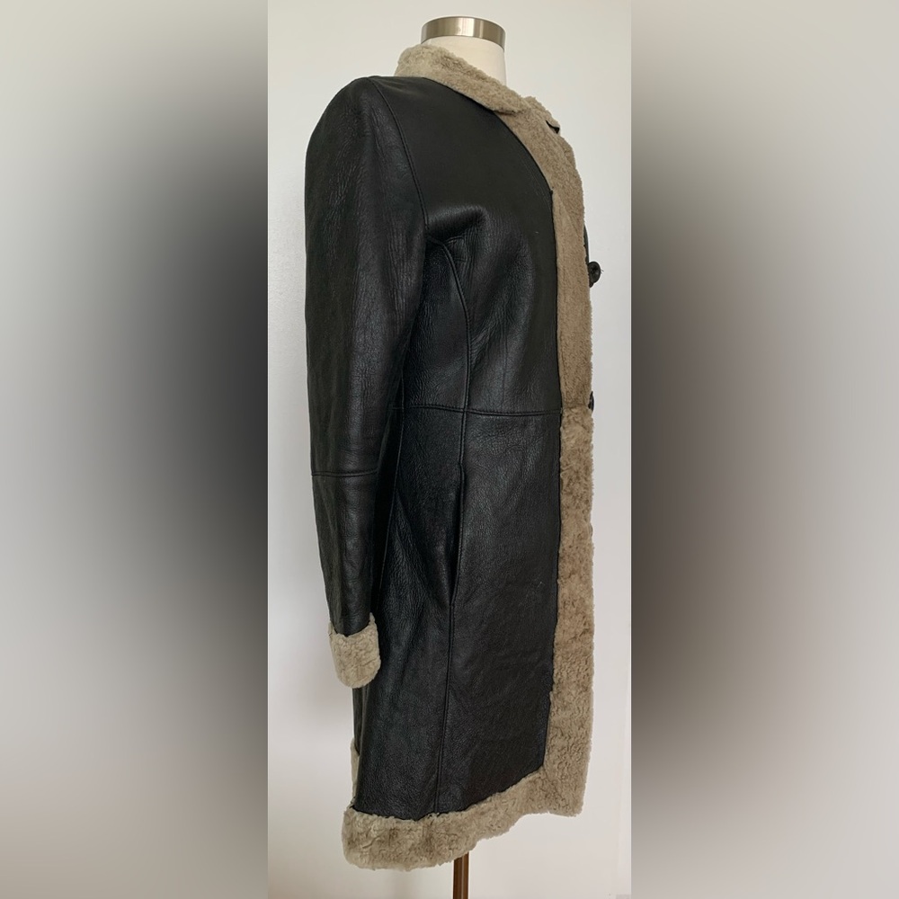 BOD & CHRISTENSEN Black Leather & Shearling Knee Length Coat - Picture 4 of 16